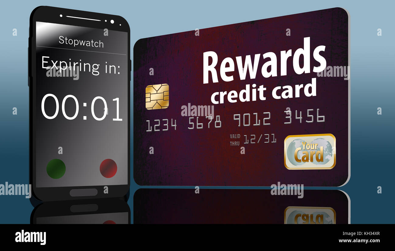 A rewards credit card that has an expiration date is seen with a cell