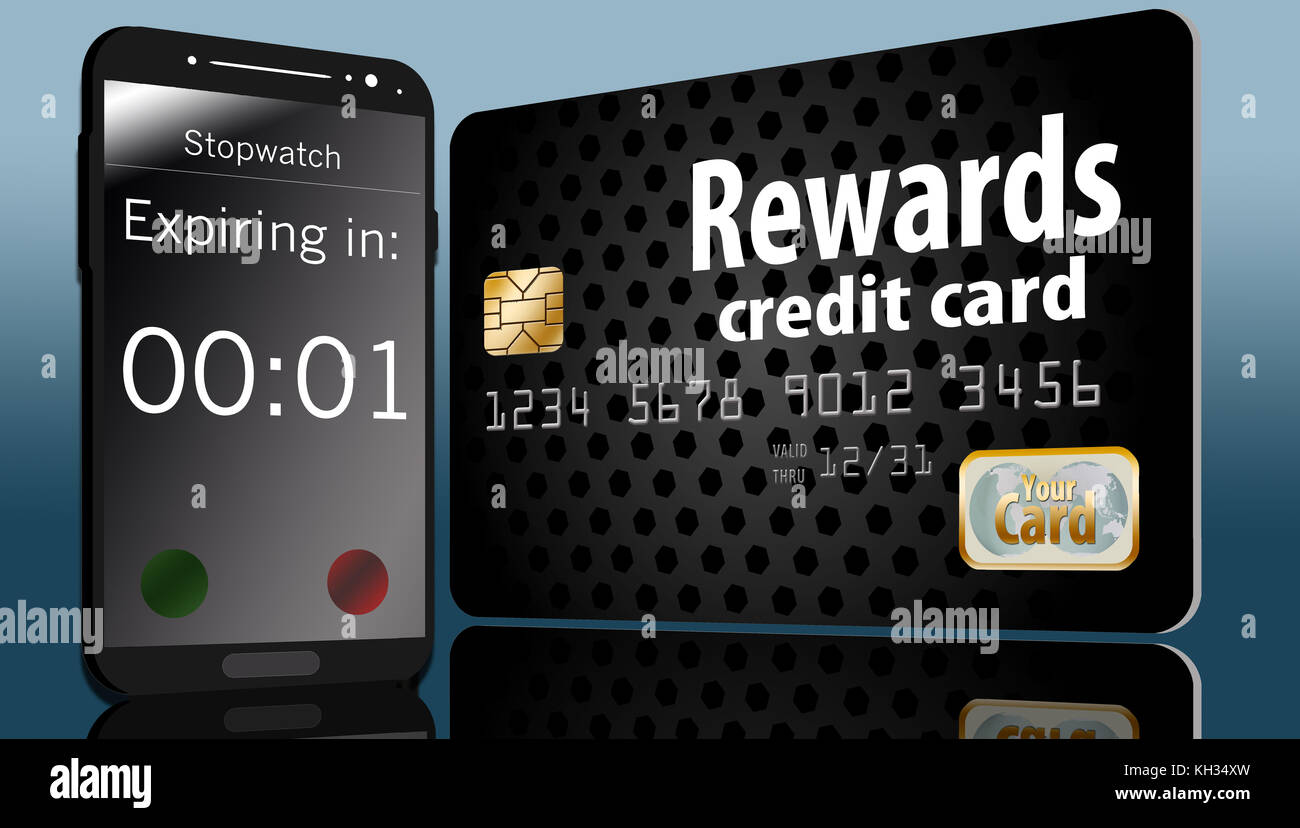A rewards credit card that has an expiration date is seen with a cell
