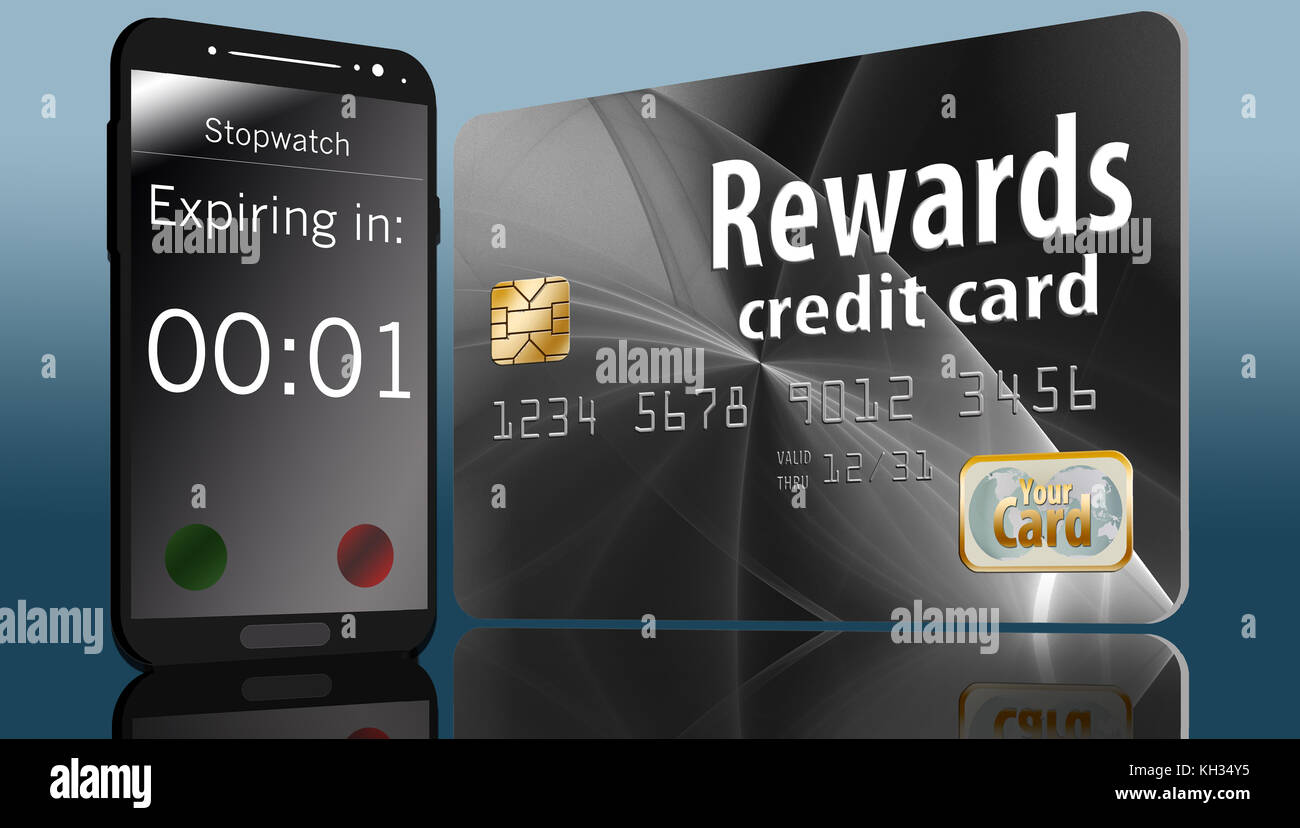 A rewards credit card that has an expiration date is seen with a cell