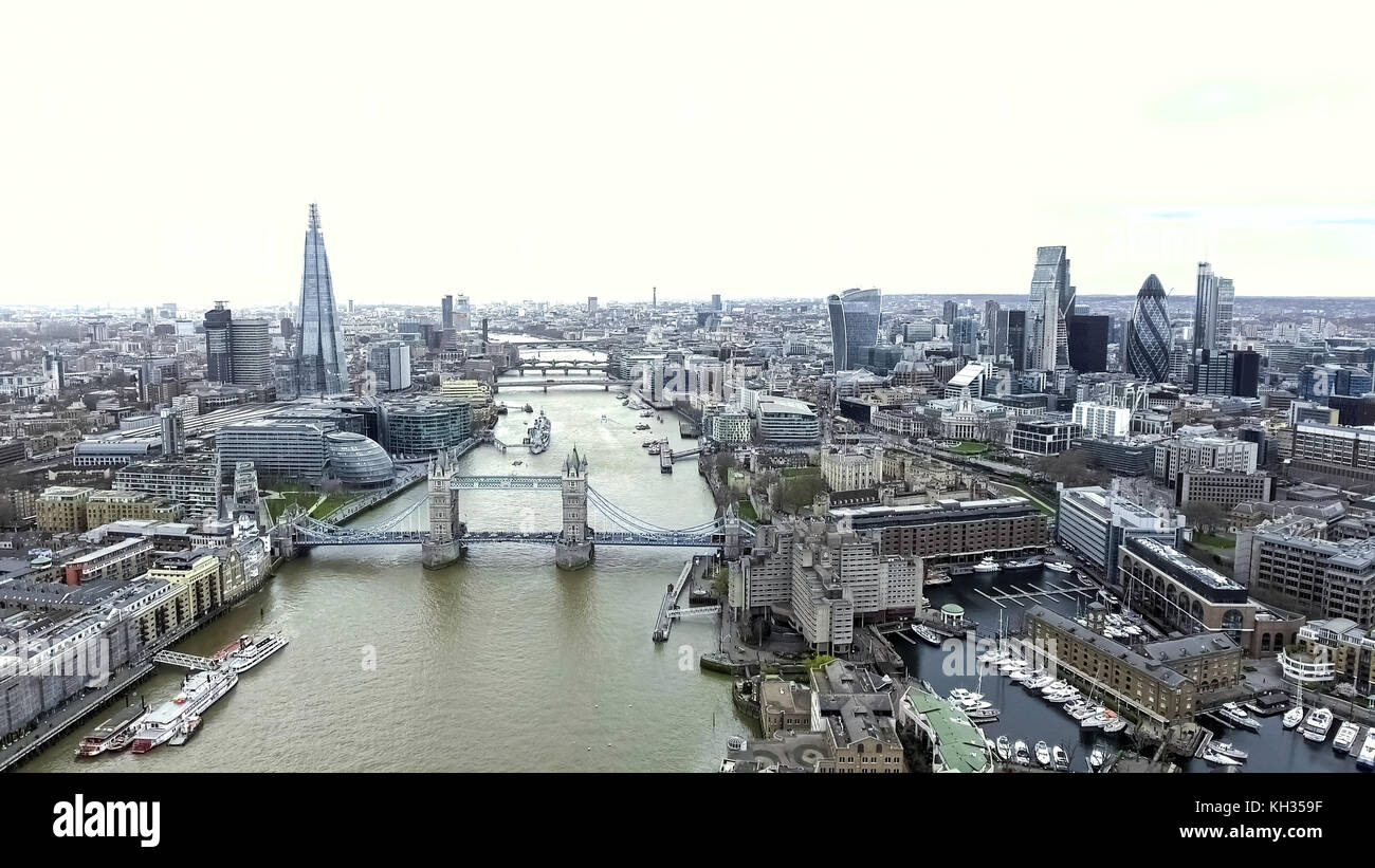 Aerial View Iconic Landmarks and Cityscape of London feat. Tower Bridge, Tower of London, City Hall, River Thames, The Shard Building, City of London Stock Photo