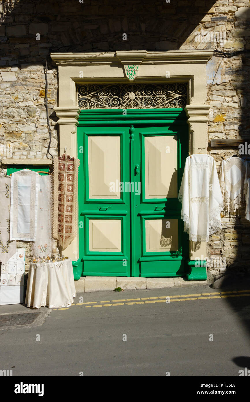 Handmade lace on display, Pano Lefkara, Cyprus Stock Photo