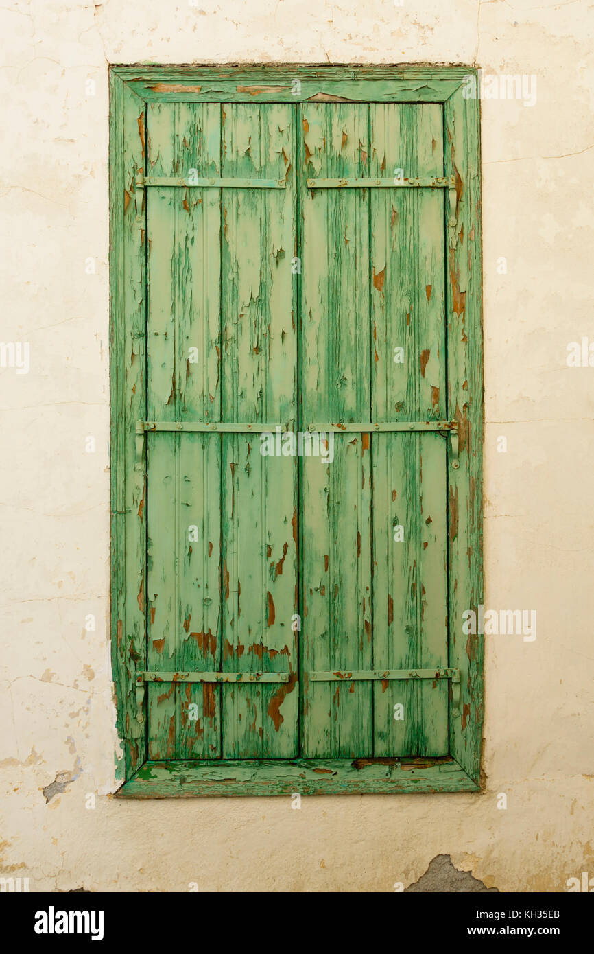 Green, wooden shutters, Pano Lefkara, Cyprus Stock Photo