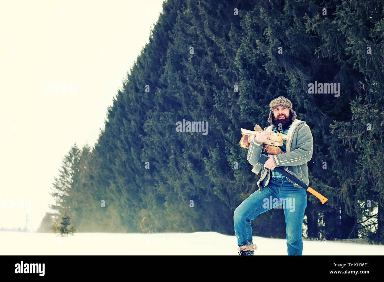 winter man axe wood Stock Photo - Alamy