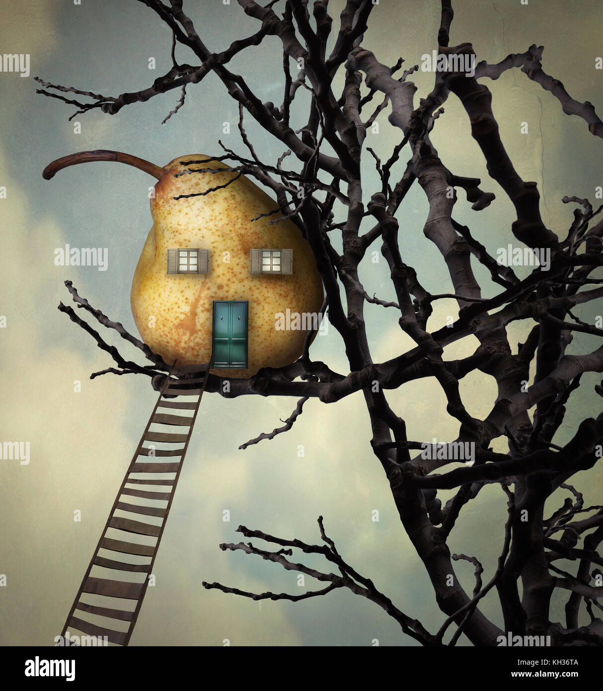 A beautiful surreal imagine representing a pear like a house that rests on the branches Stock Photo