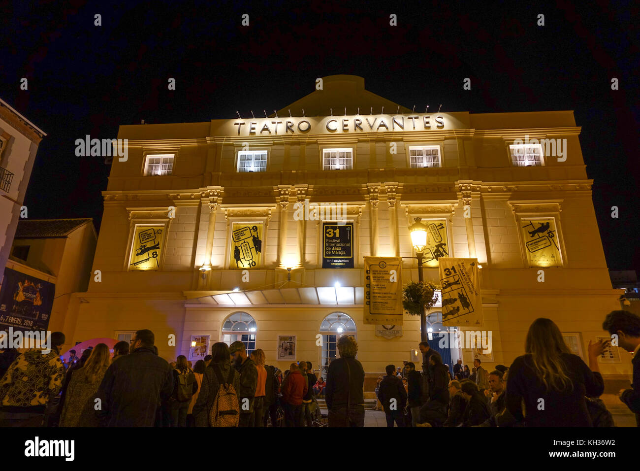 Exterior of Theatre Cervantes, Teatro Cervantes Málaga, during night, Costa del Sol, Andalusia, Spain. Stock Photo