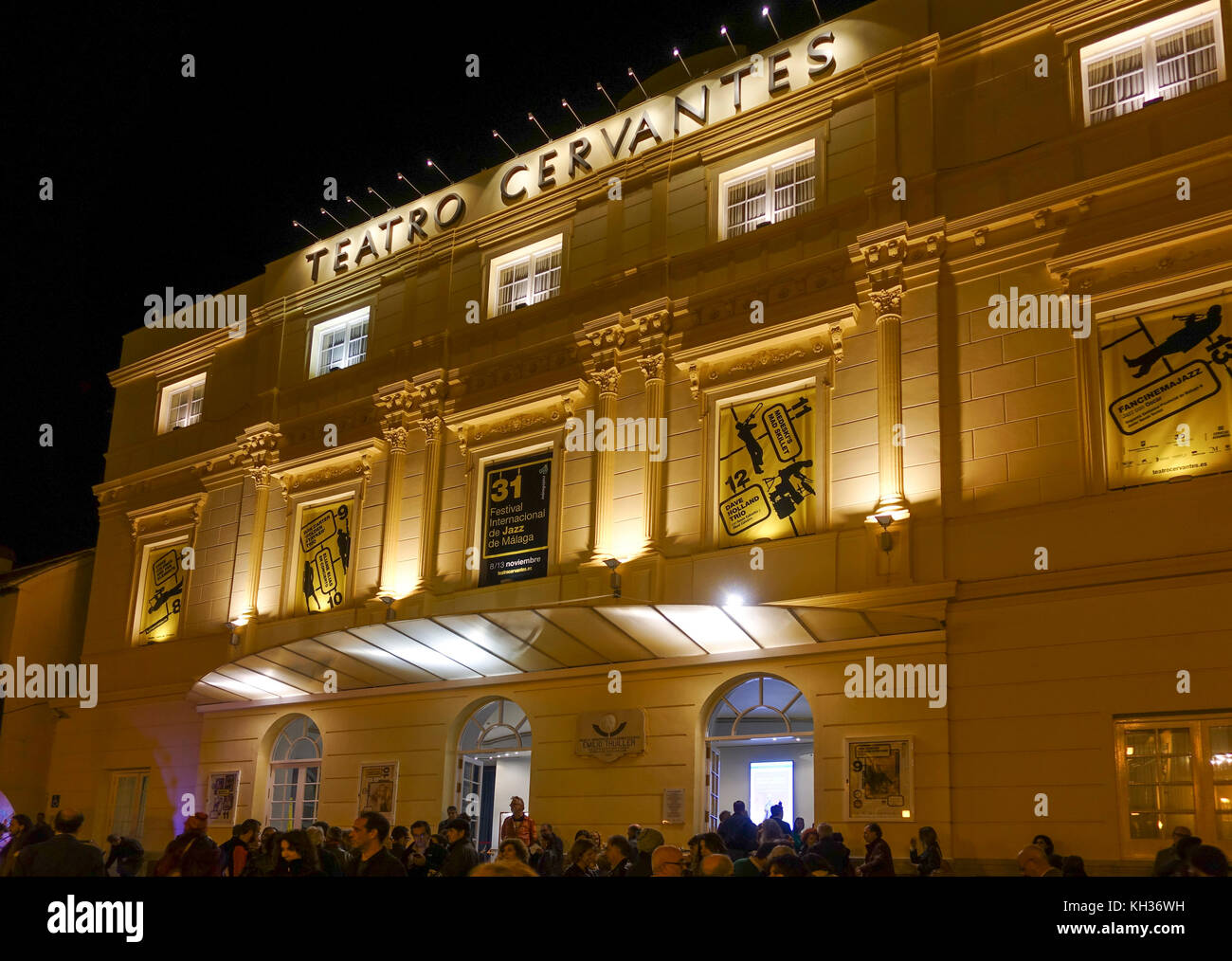 Exterior of Theatre Cervantes, Teatro Cervantes Málaga, during night, Costa del Sol, Andalusia, Spain. Stock Photo