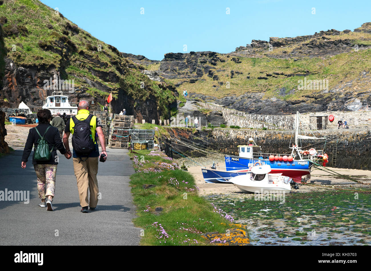 visitors around the harbour at boscastle in cornwall, england, britain, uk. Stock Photo
