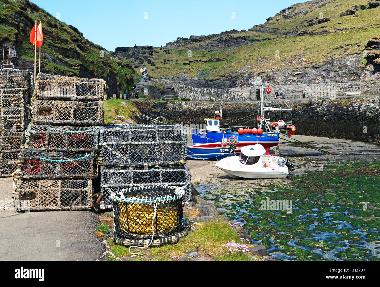 crab and lobster pots at the harbour in boscastle, cornwall, england, britain, uk. Stock Photo