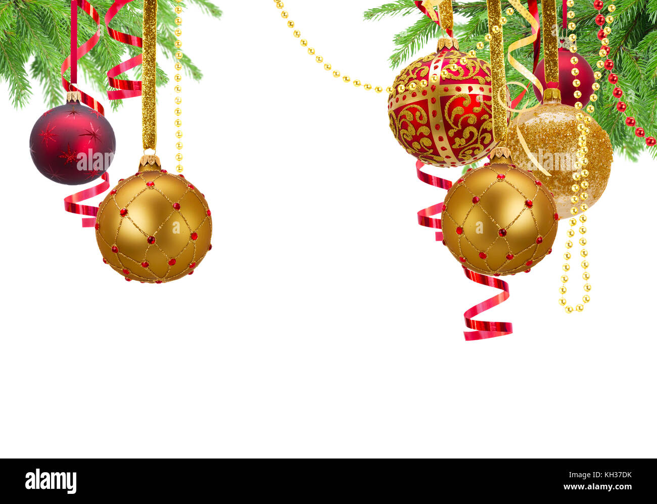 Golden and red christmas balls garlands with fir tree isolated on white ...