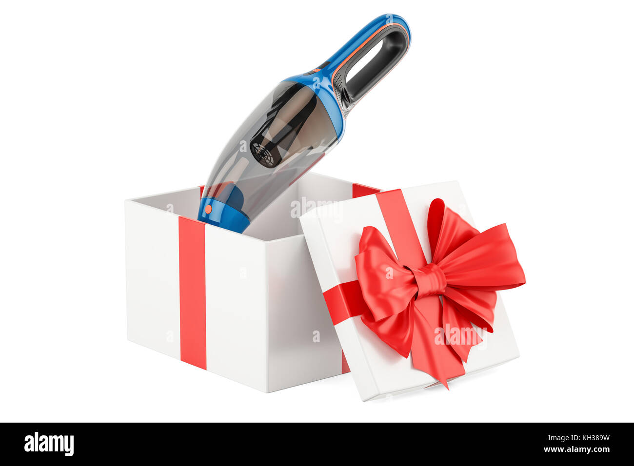 Gift concept, portable vacuum cleaner inside gift box. 3D rendering