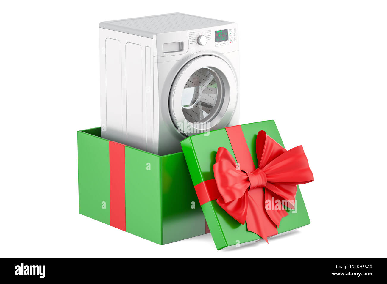 Gift concept, washing machine inside gift box. 3D rendering isolated on