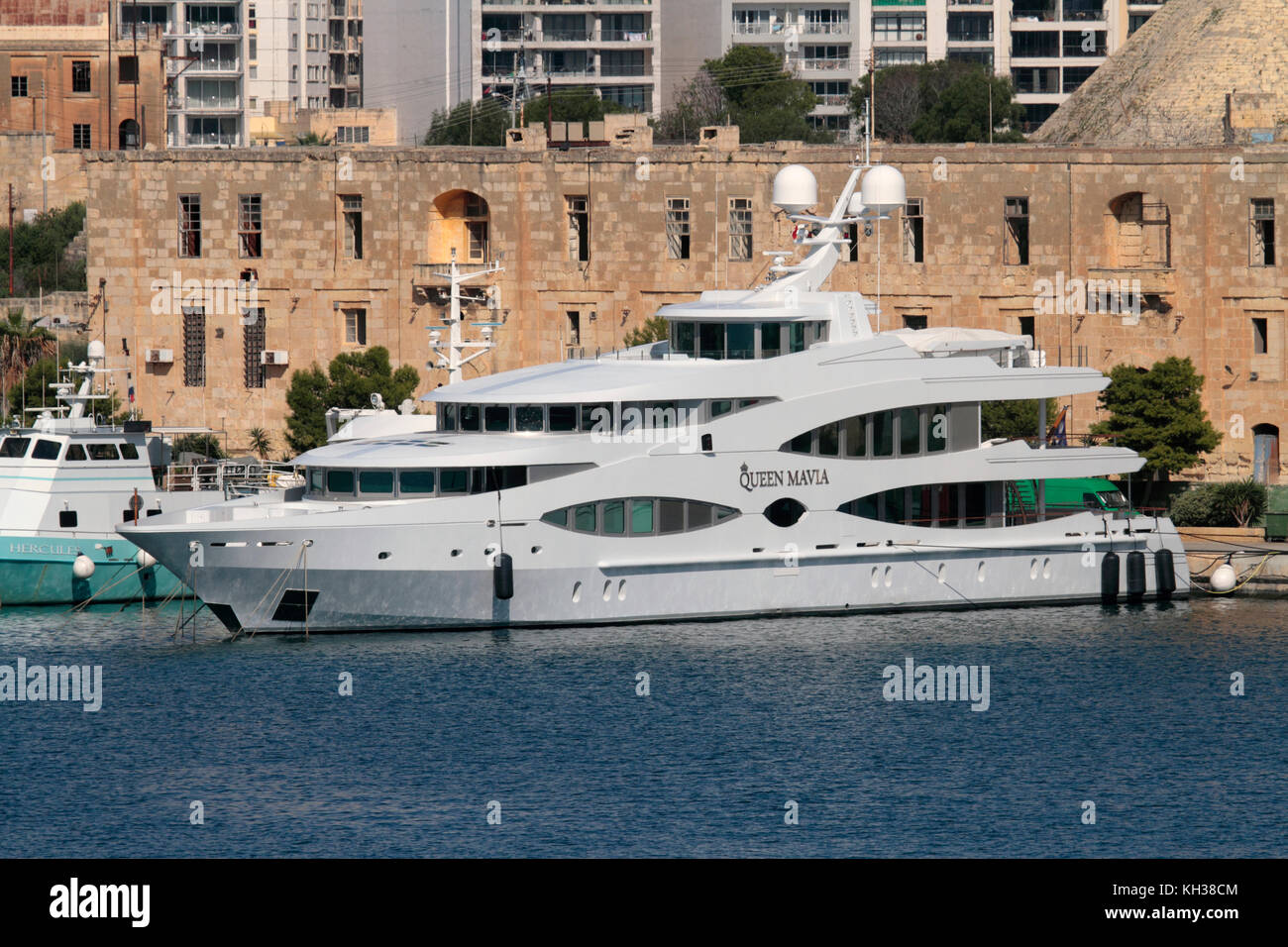 The 56m Oceanco luxury super yacht Queen Mavia in Marsamxett Harbour, Malta Stock Photo