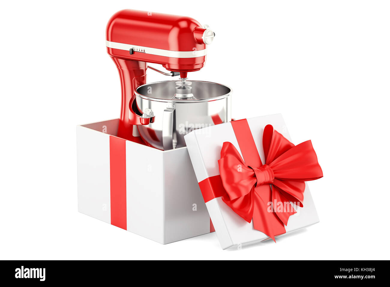 Stand kitchen mixer inside gift box, gift concept. 3D rendering
