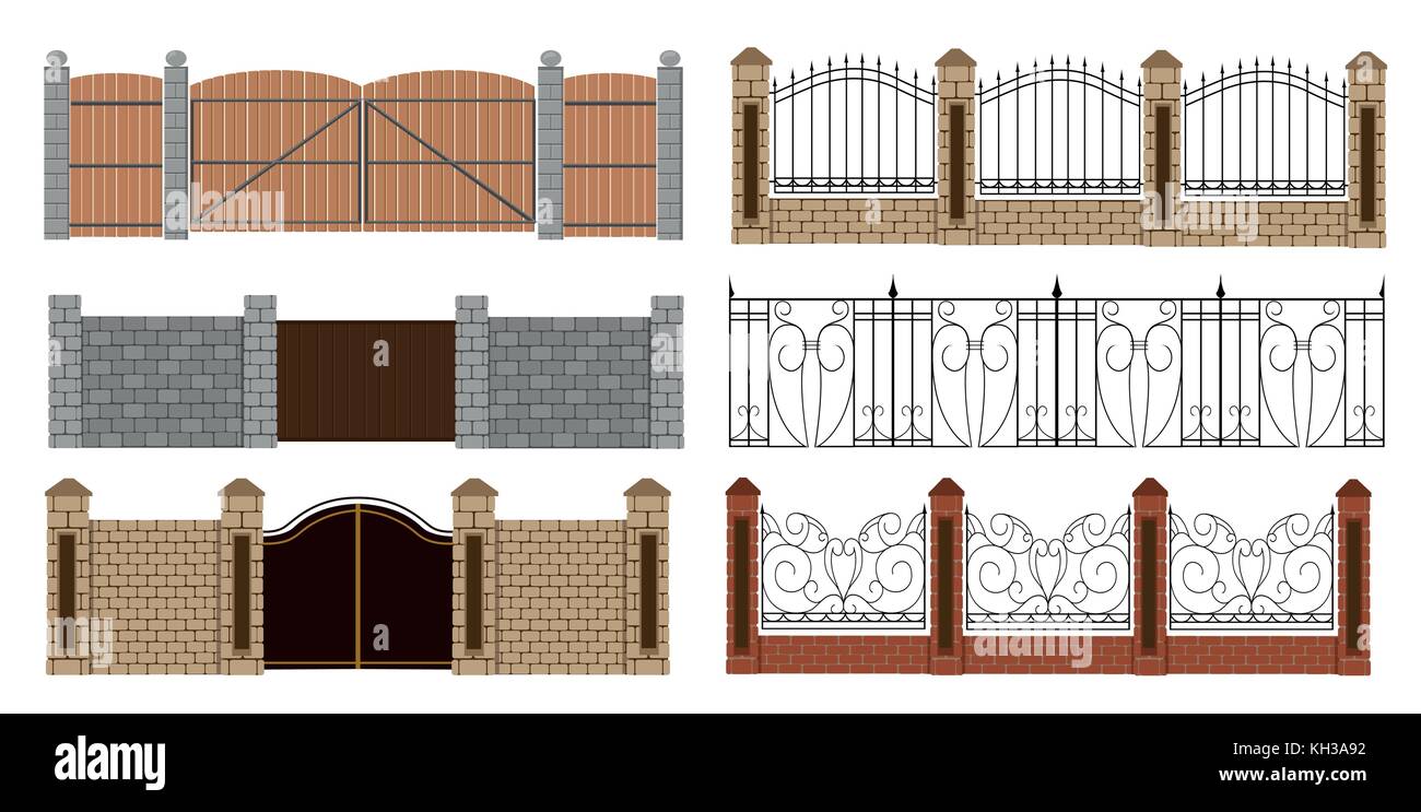 Metal fences and gates in flat style. Simple vector illustration. Web site page and mobile app design. Stock Vector