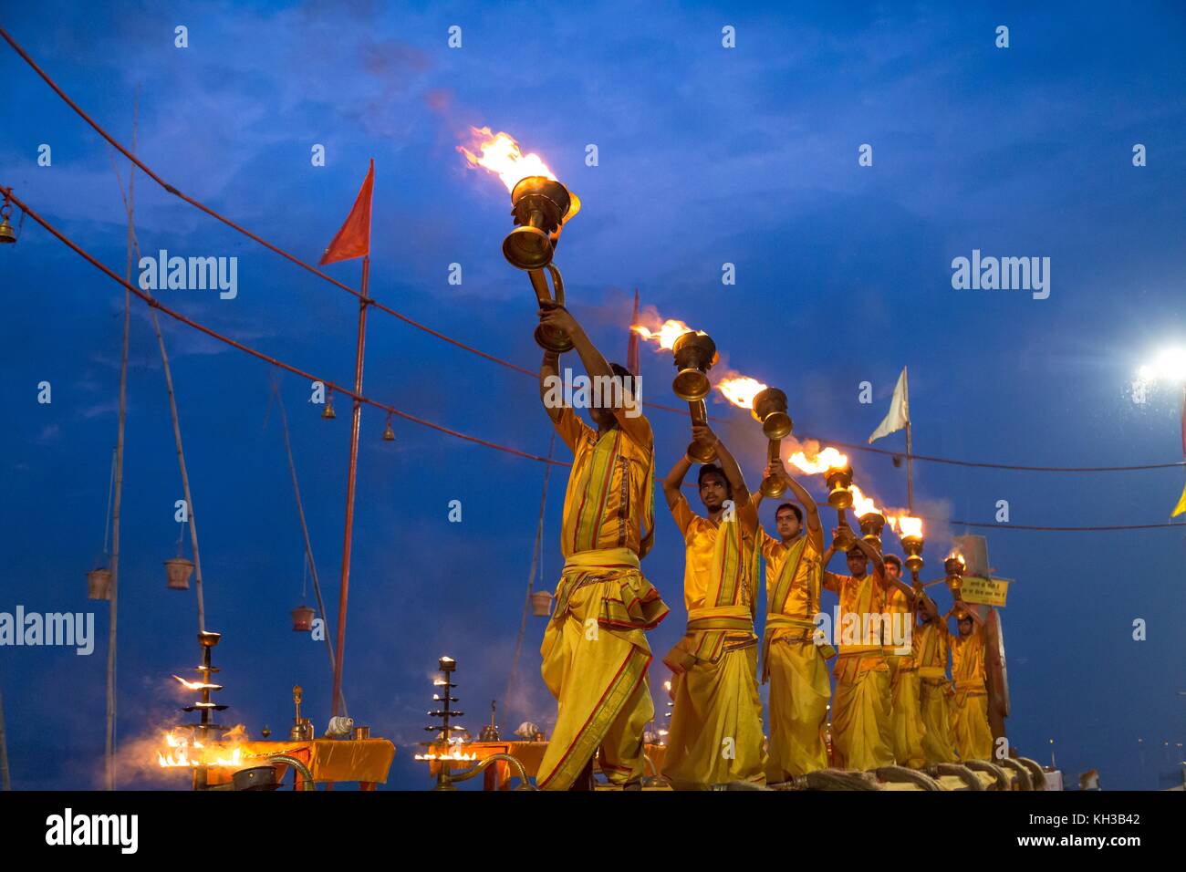 Varanasi Ganga aarti ceremony rituals performed before sunrise by young
