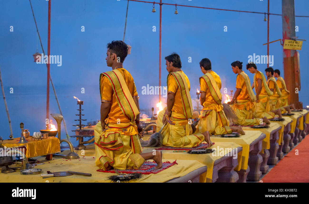 Varanasi Ganga aarti ceremony rituals performed before sunrise by young