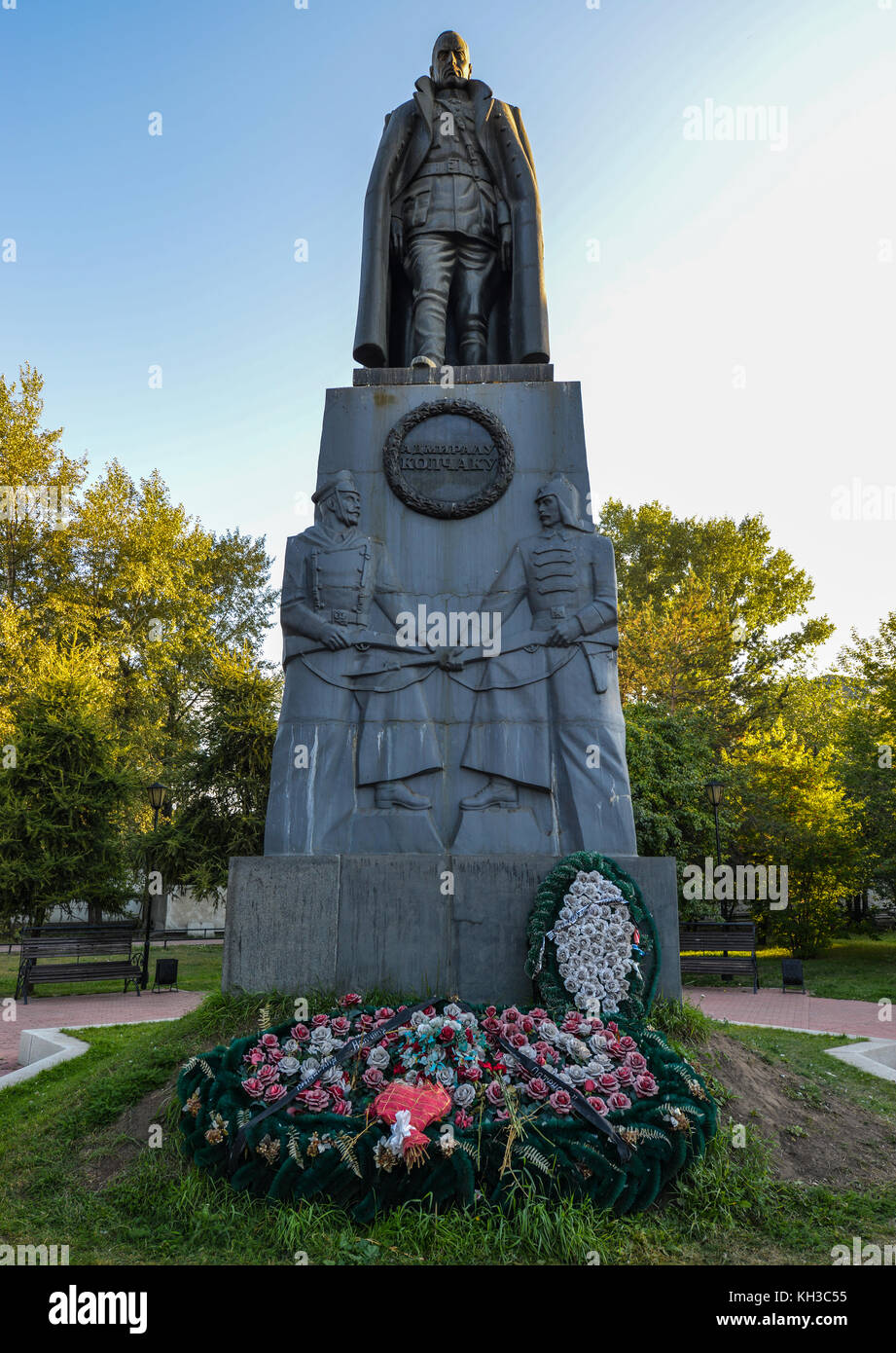 Monument to Admiral Kolchak near the Znamensky Monastery in Irkutsk, Russia at dawn. Leader of the White forces during the Russian Civil War. Stock Photo
