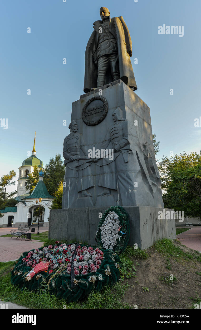 Monument to Admiral Kolchak near the Znamensky Monastery in Irkutsk, Russia at dawn. Leader of the White forces during the Russian Civil War. Stock Photo
