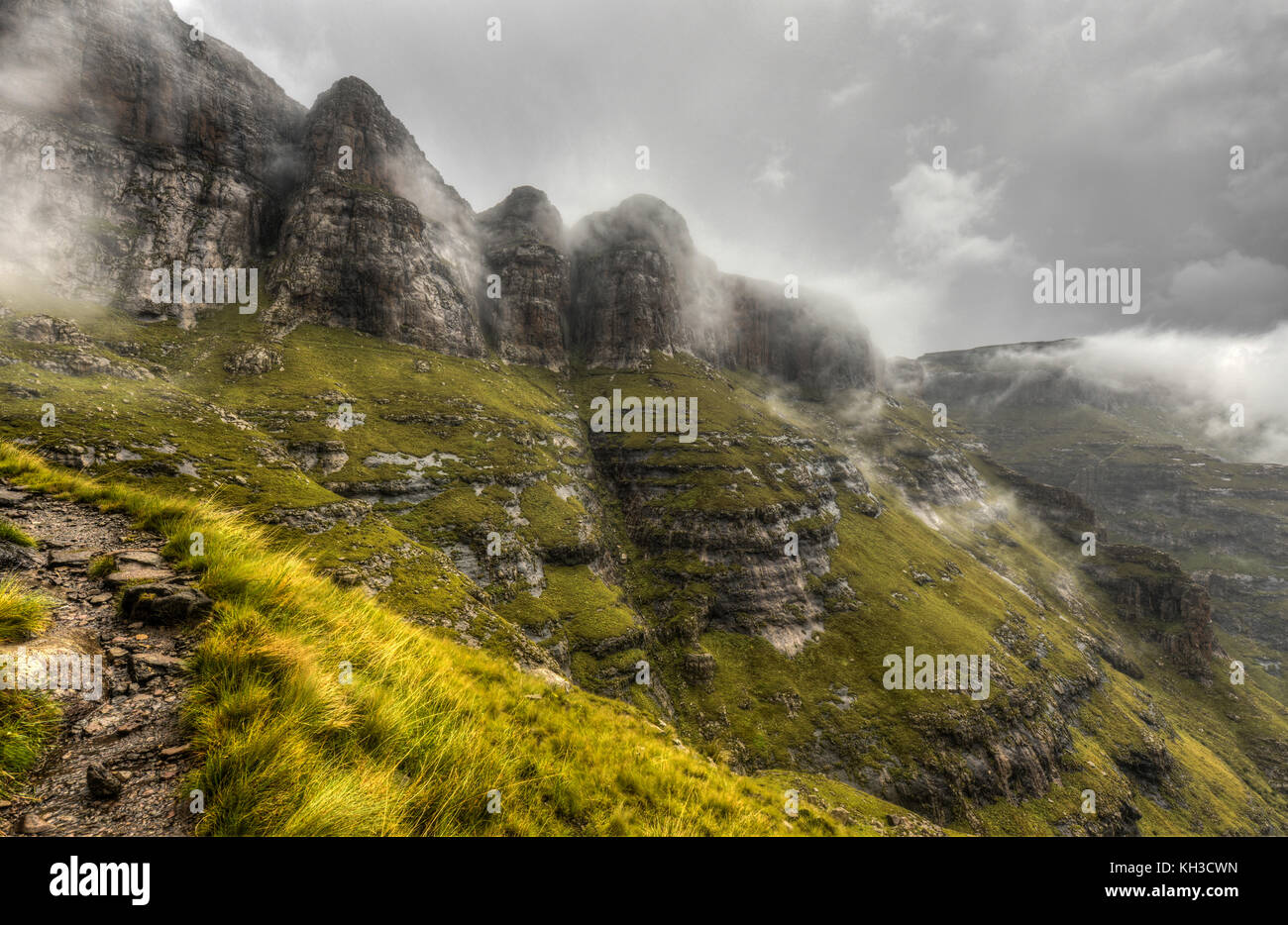 View of the Drakensberg Mountains along the Amphitheater in Royal Natal National Park. Stock Photo