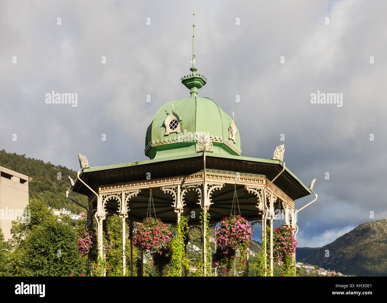 Bergen Bandstand.  A bandstand decorated with flowers in Byparken, Bergen in Norway. Stock Photo