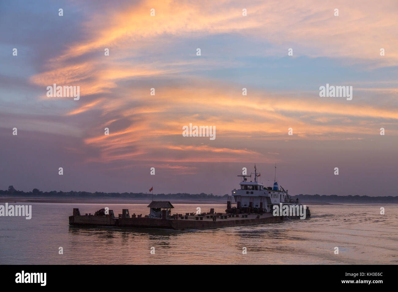 Sunset on the Irrawaddy River (Ayeyarwaddy River) in Myanmar (Burma). It is the country's