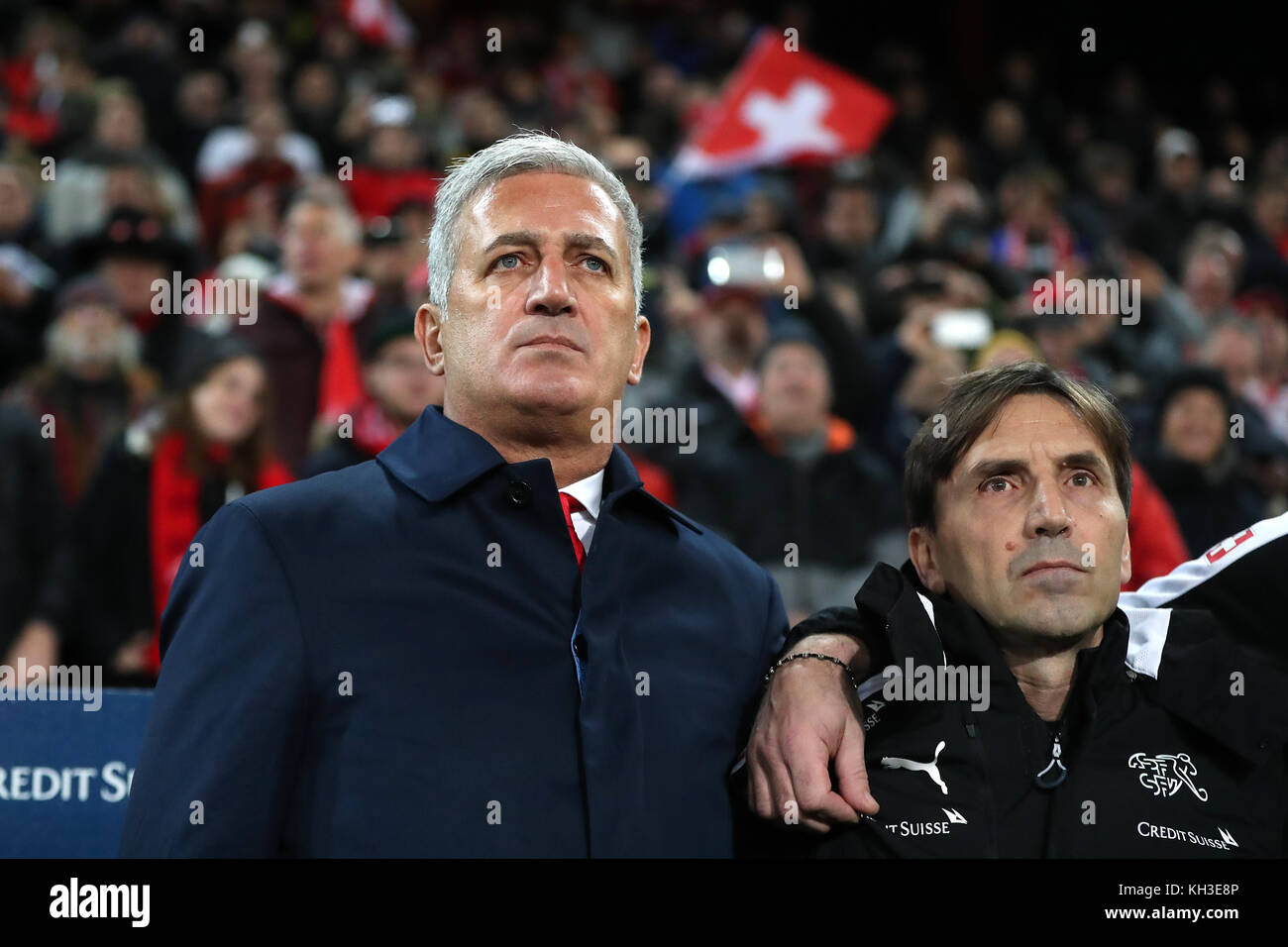 Switzerland manager Vladimir Petkovic (left) during the FIFA World Cup Qualifying second leg match at St Jakob Park, Basel. Stock Photo
