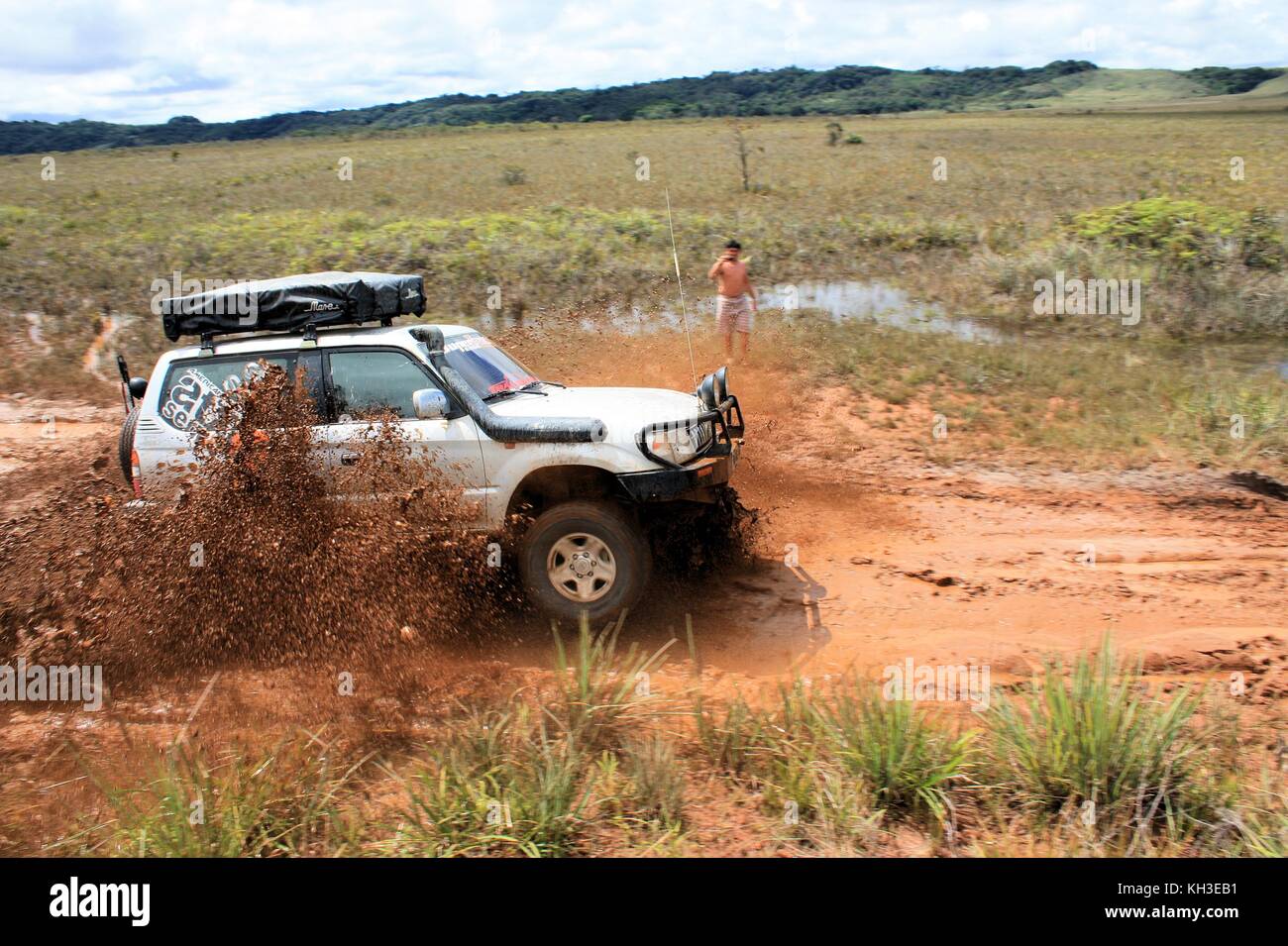 4x4 driving through mood in gran sabana Venezuela Stock Photo