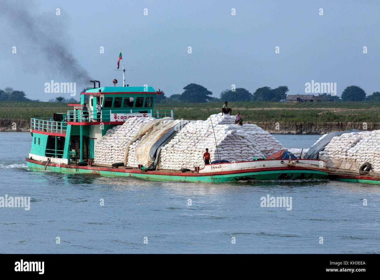 River traffic on the Irrawaddy River (Ayeyarwaddy River) in Myanmar (Burma). It is the country's