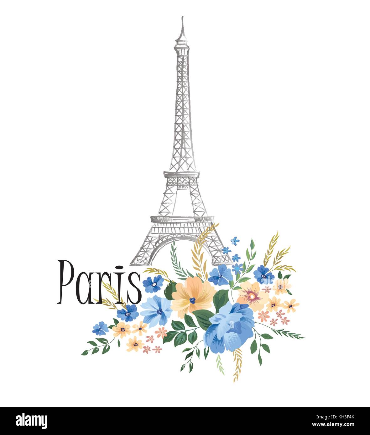 Paris background. Floral Paris sign with flower bouquet and Eiffel tower landmark. Travel France icon Stock Vector