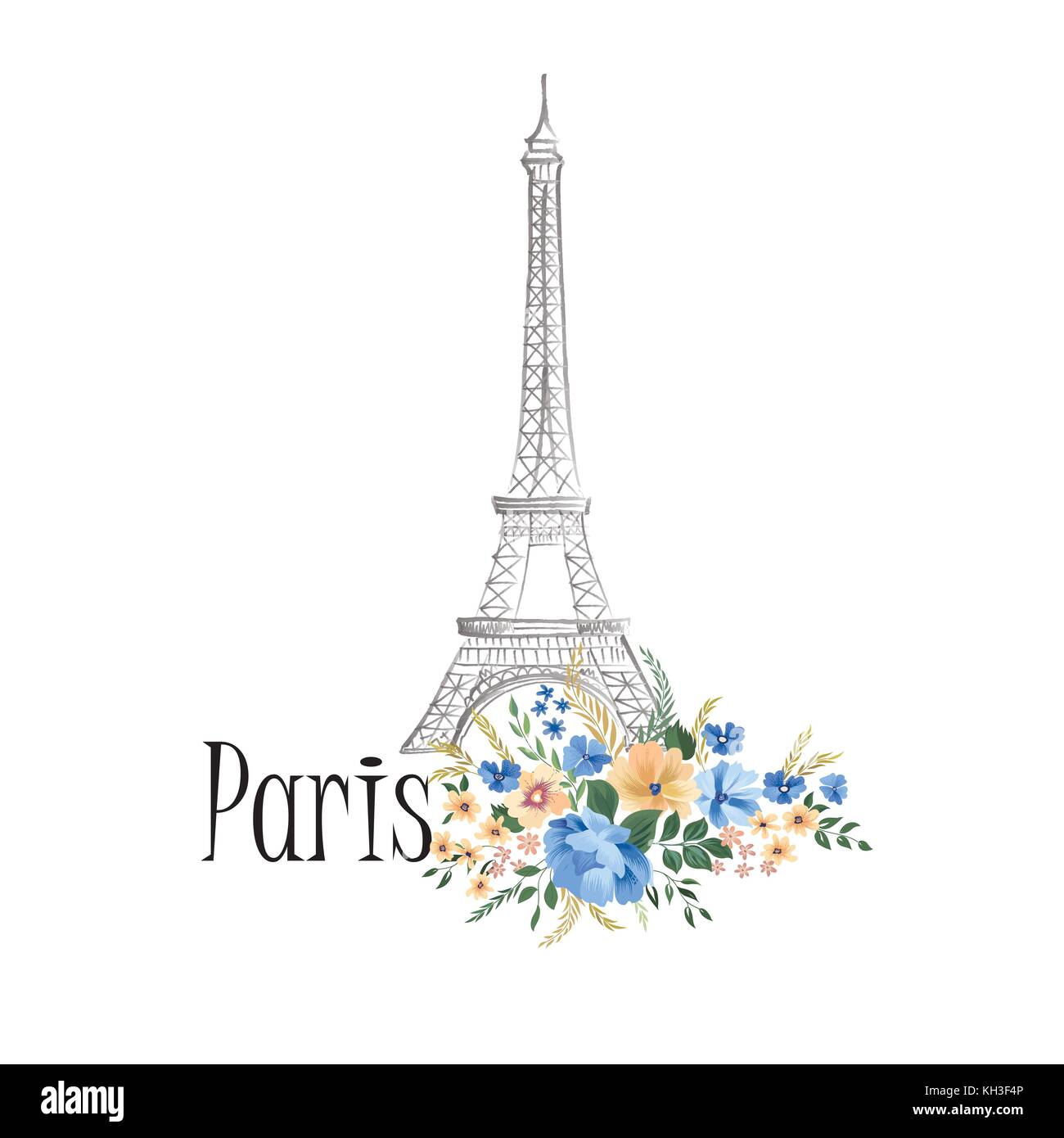 Paris background. Floral Paris sign with flower bouquet and Eiffel tower landmark. Travel France icon Stock Vector