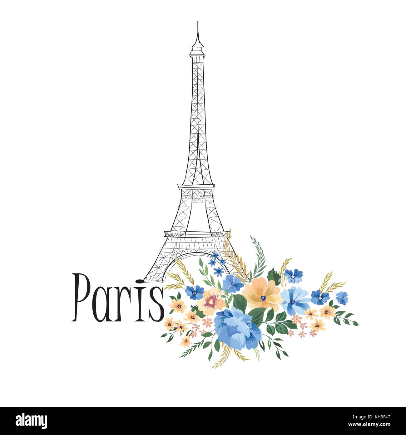 Paris background. Floral Parissign with flower bouquet and Eiffel tower landmark. Travel France icon Stock Vector