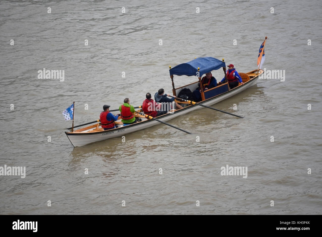 Gordan Hall. Part of the flotilla on the River Thames for the Lord Mayor's Show approaching Tower Bridge Stock Photo