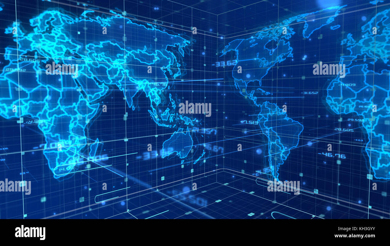 A cyberspace 3d rendering of a global mass media map with some signs ...