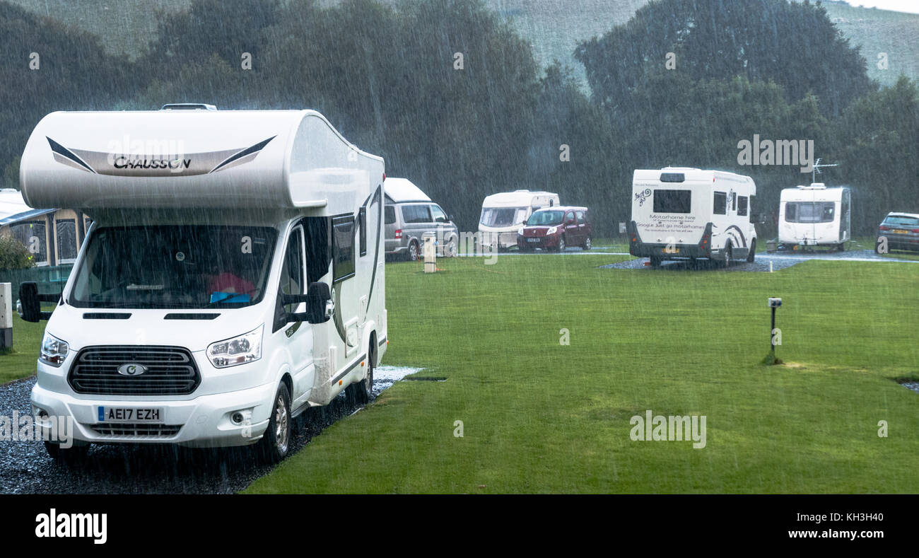 A Scottish Campsite in pouring rain Stock Photo