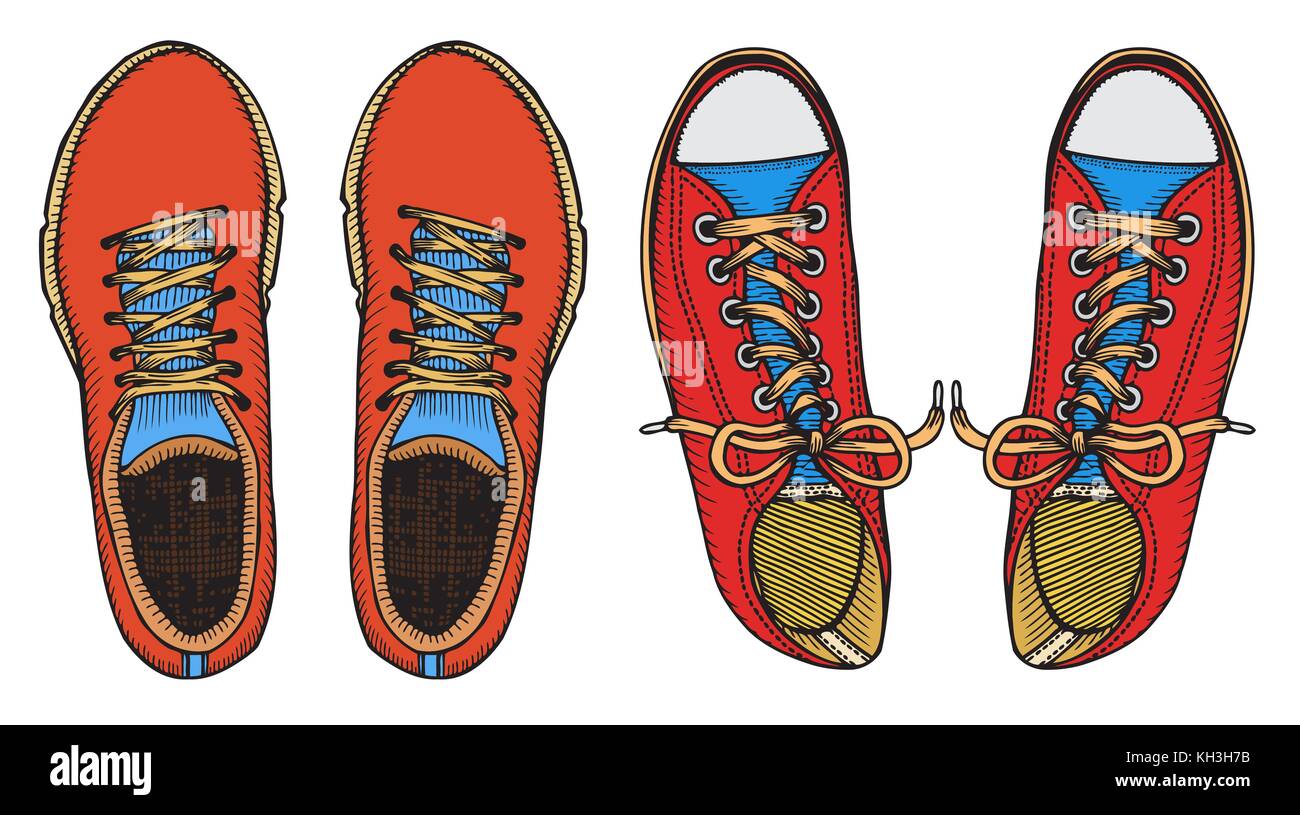 Set of Vector illustration blue red sports sneakers isolated on white ...
