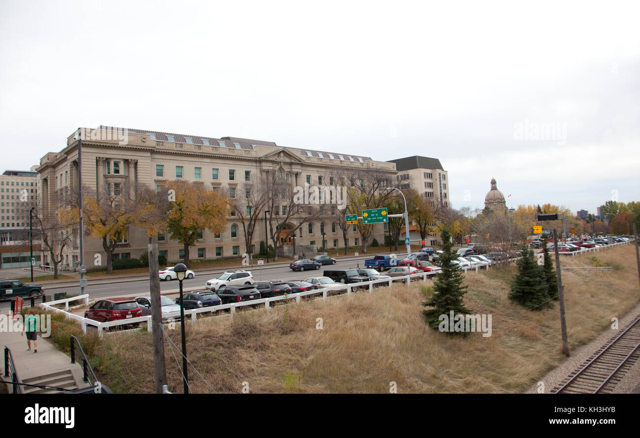 On October 6, 2017:  editorial of the bowker building and legislature in Edmonton, Alberta, Canada Stock Photo