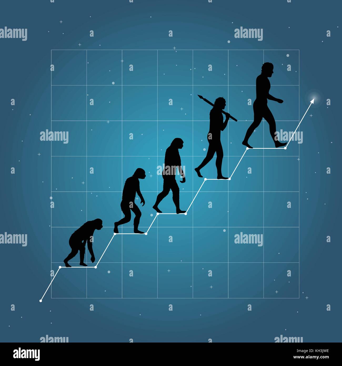 Growth of business or economy as human evolution on chart. Blue background. Stock Vector