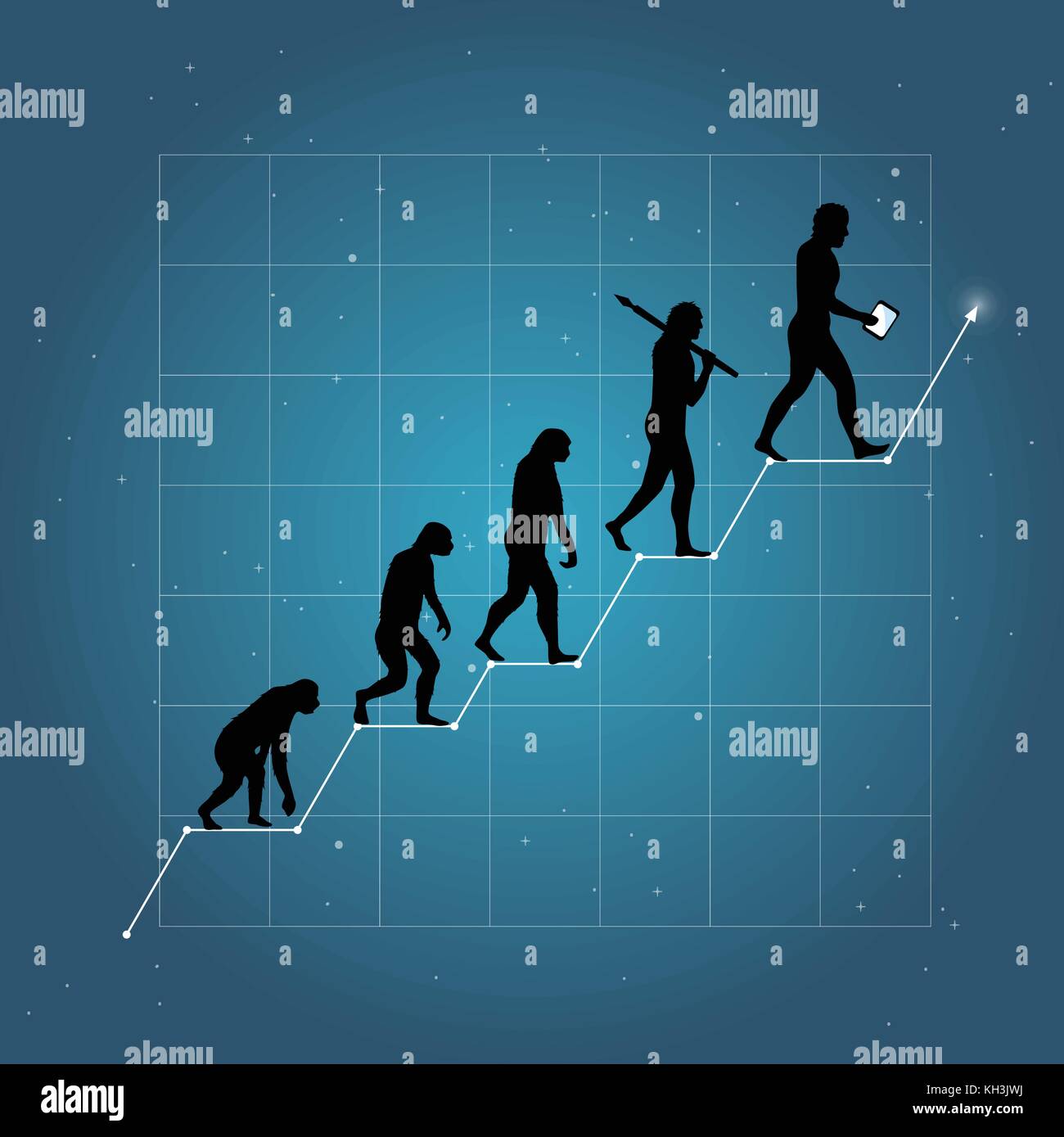 Growth of business or economy as human evolution on chart. Blue background. Stock Vector