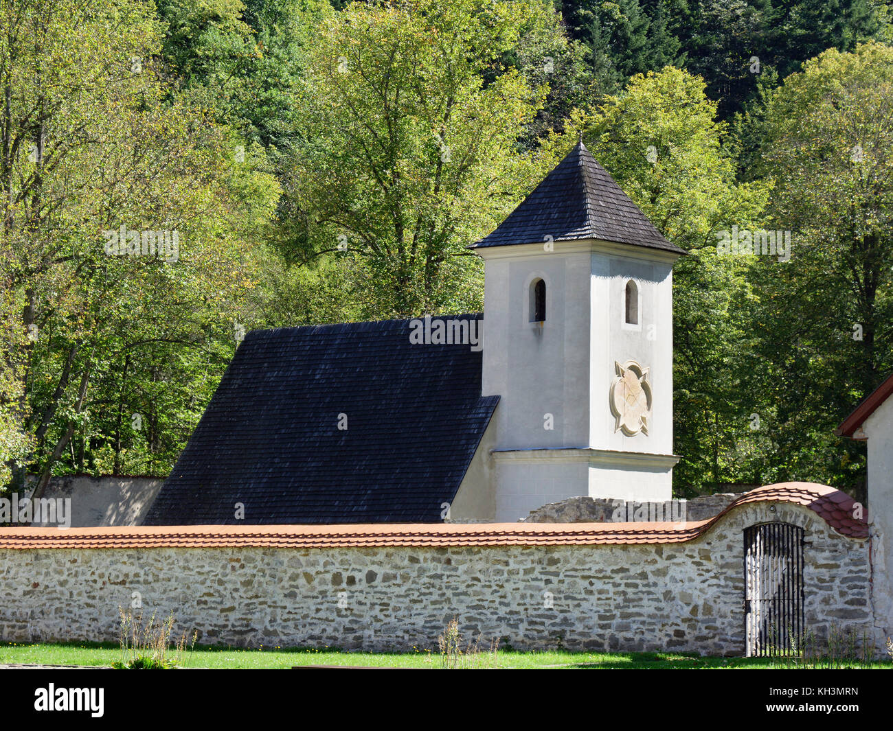 belltower with sundial at Haus of prior in museum former Carthusian monastery Cerveny Klastor, Presovsky kraj, Slovakia, Europe Stock Photo