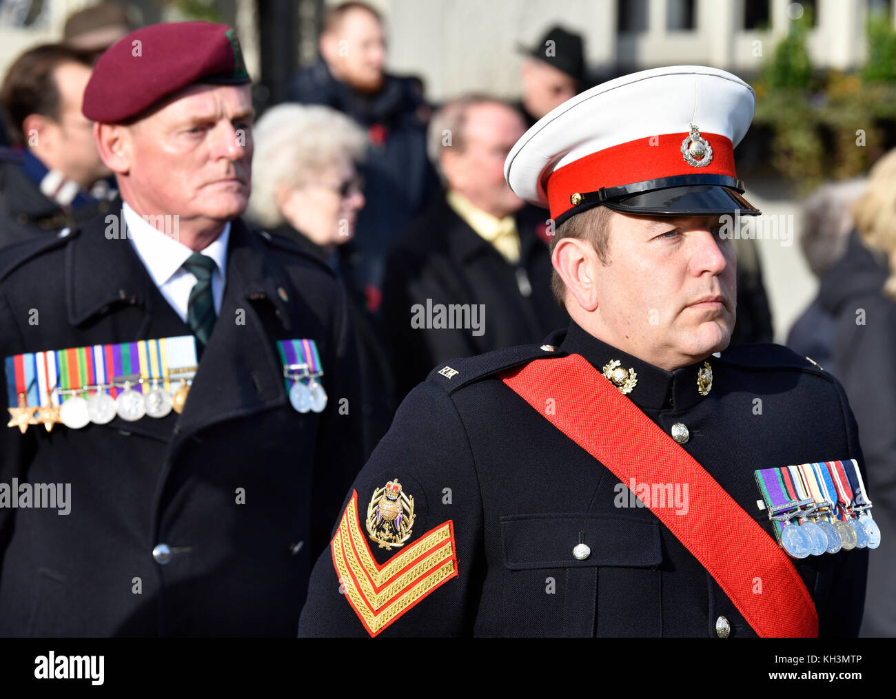 Armed forces marching during Remembrance Sunday ceremony, High Street, Haslemere, Surrey, UK. Sunday 12th November 2017. Stock Photo