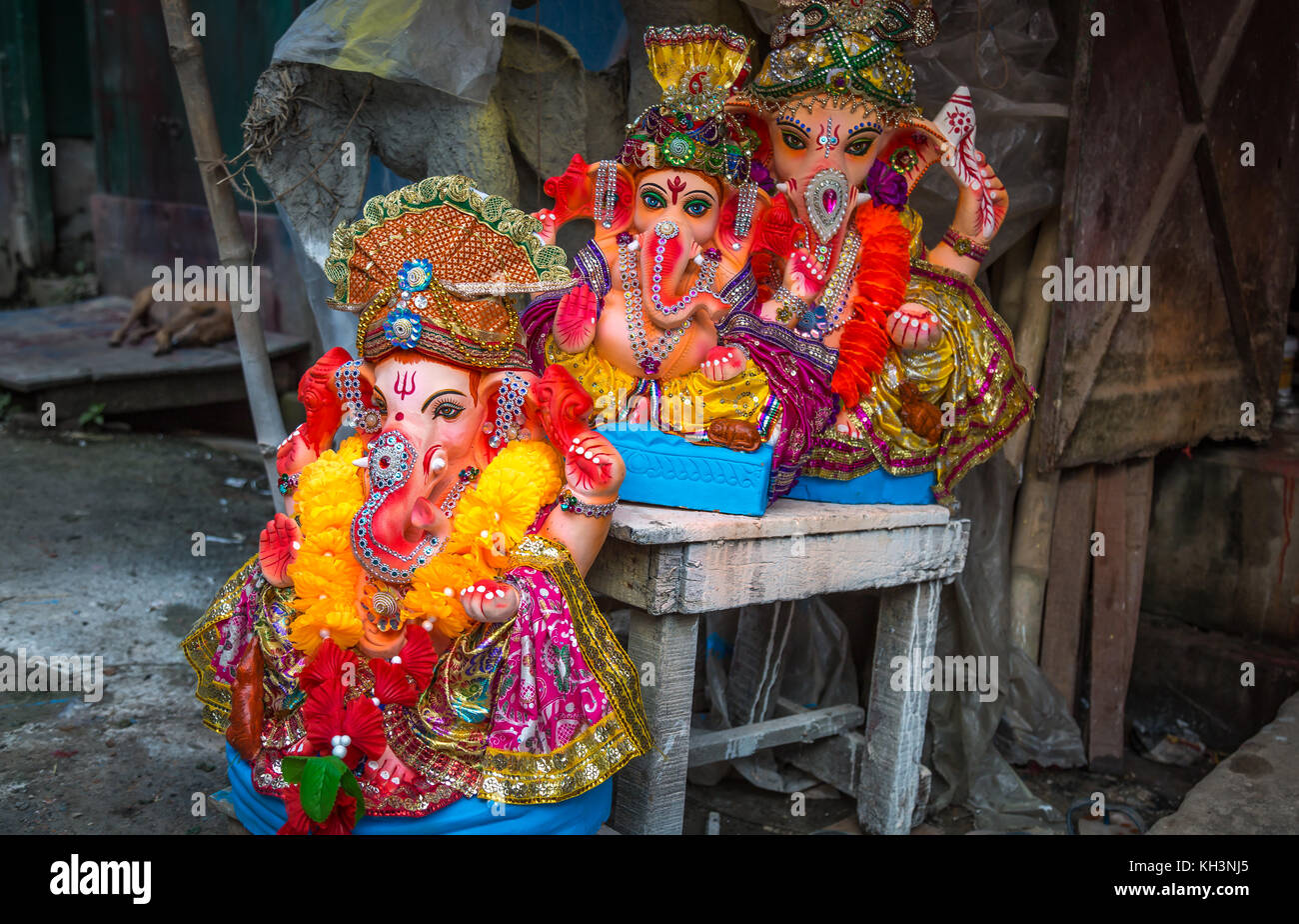 Hindu God Ganesha idols on display for sale for upcoming festive season at a city street in Kolkata, India. Stock Photo