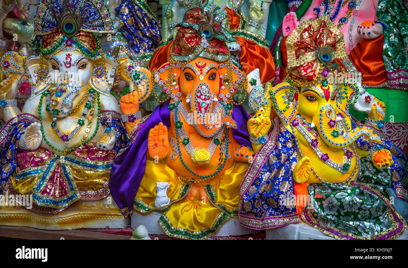 Lord Ganesha idols on sale for Ganesh Chaturthi festival at Kumartuli area of Kolkata, India. Stock Photo