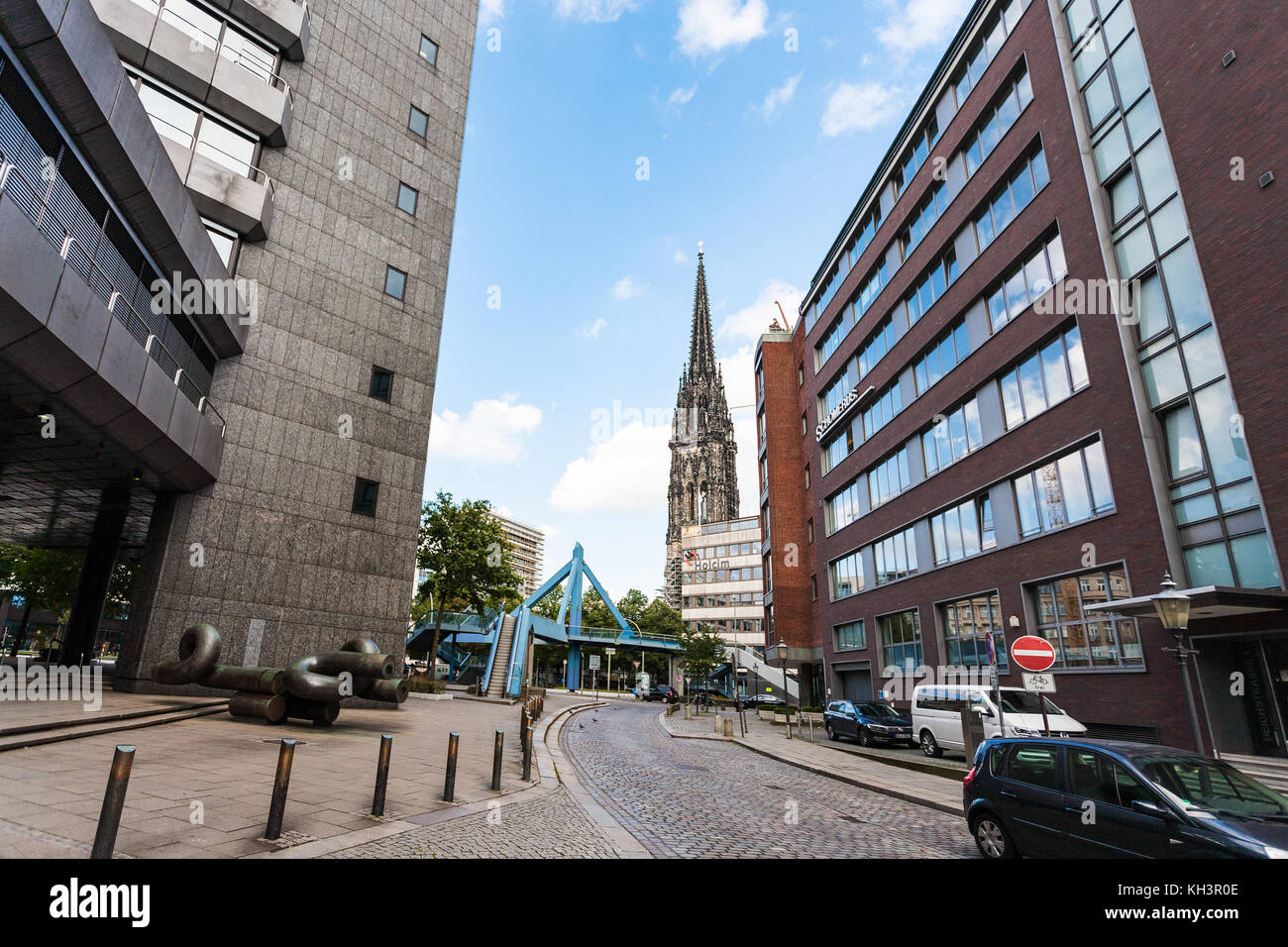 HAMBURG, GERMANY - SEPTEMBER 15, 2017: view of St Nicholas church from Deichstrasse. The church was the tallest building in the world in 1874-1876, an Stock Photo