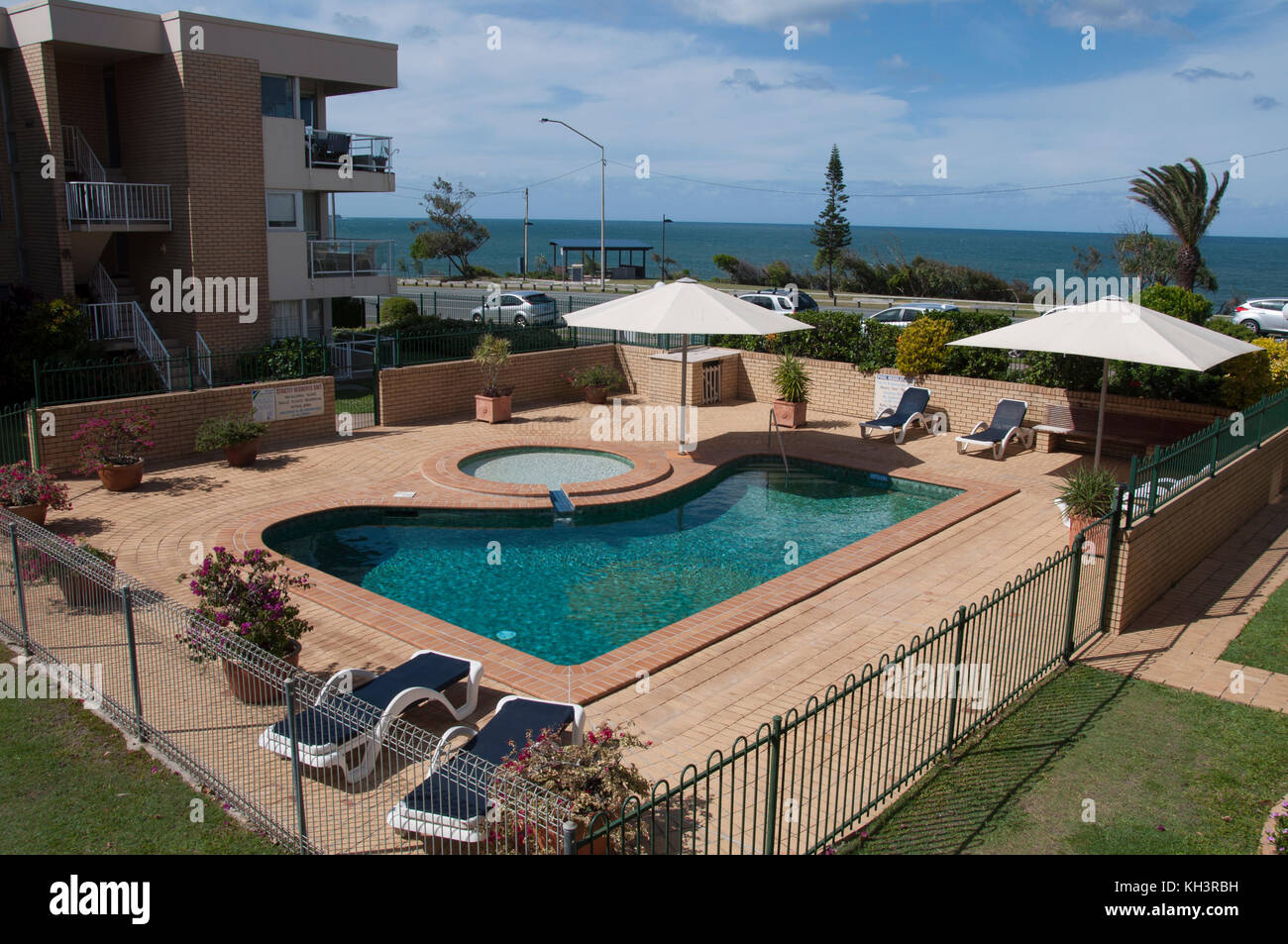 Swimming pool servicing seaside holiday apartments at Alexandra Headland on the Sunshine Coast, Queensland Stock Photo