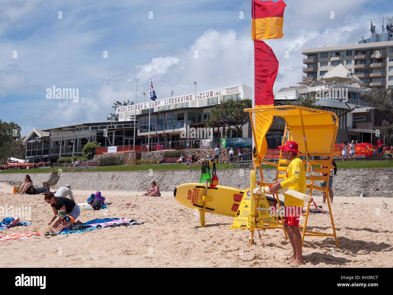 Surf lifesaver on duty at Mooloolaba, Sunshine Coast, Queensland, Australia Stock Photo