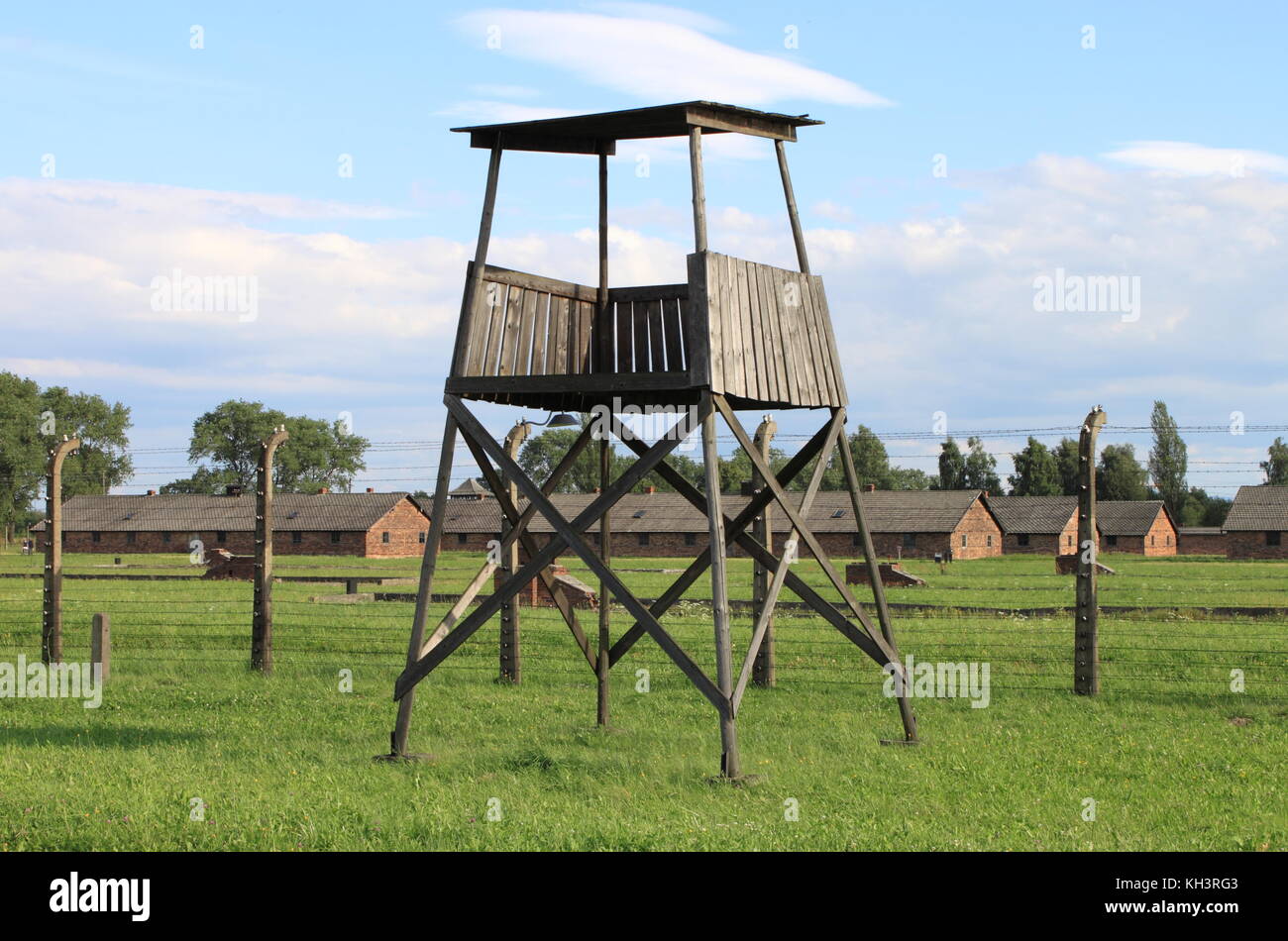 Sentry box at Auschwitz Birkenau concentration camp, Poland Stock Photo