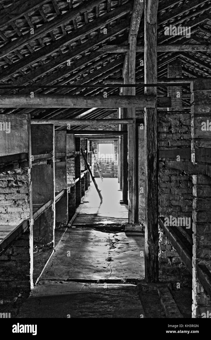 Dormitories at Auschwitz-Birkenau concentration camp, Poland Stock Photo