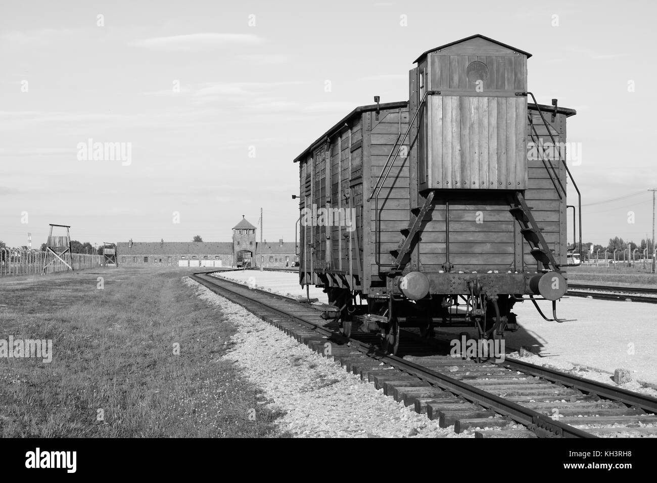 Deportation wagon at Auschwitz Birkenau concentration camp, Poland Stock Photo