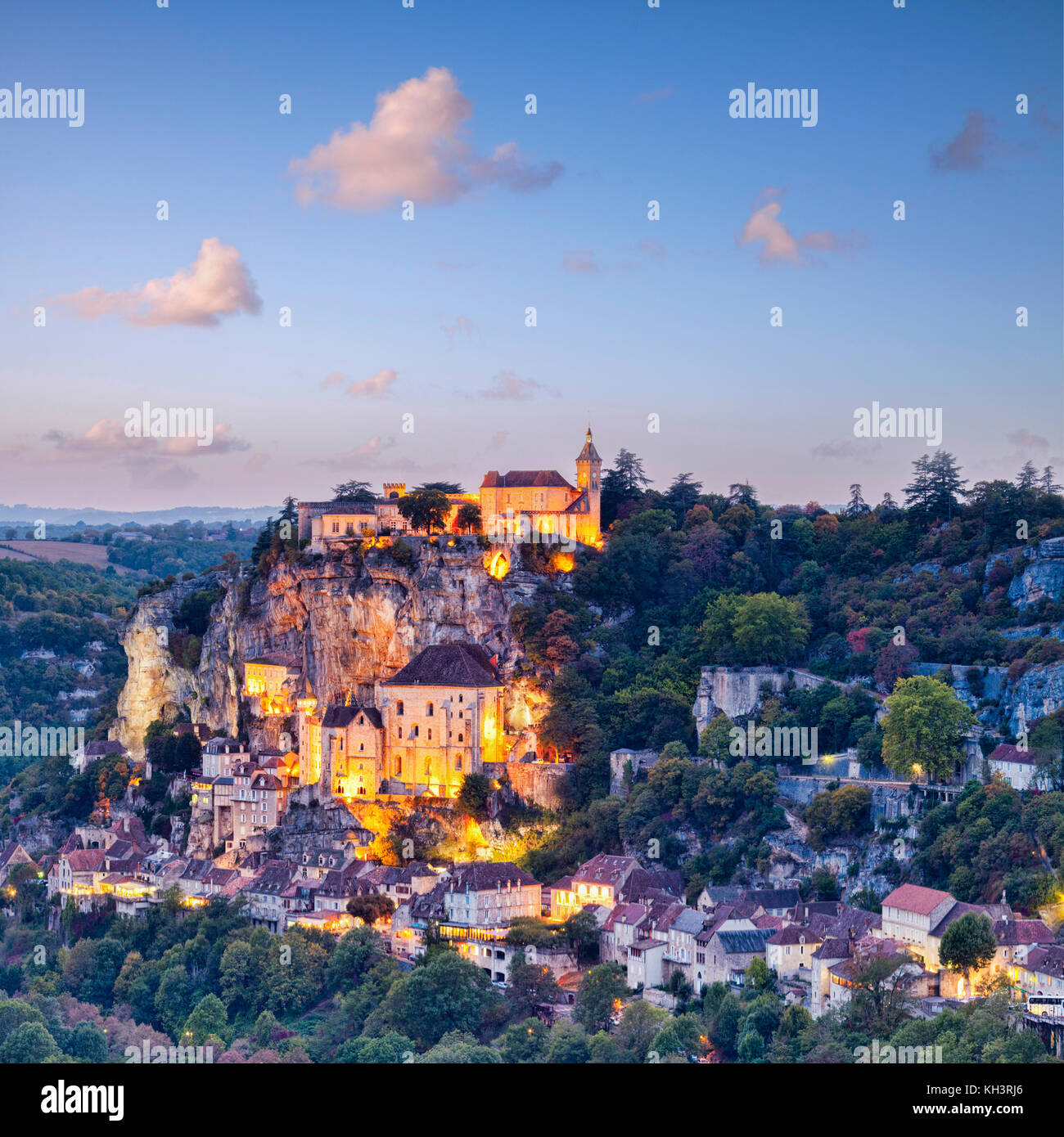 Twilight at the medieval town of Rocamadour, in the Dordogne Valley, Midi-Pyrenees, France. Stock Photo