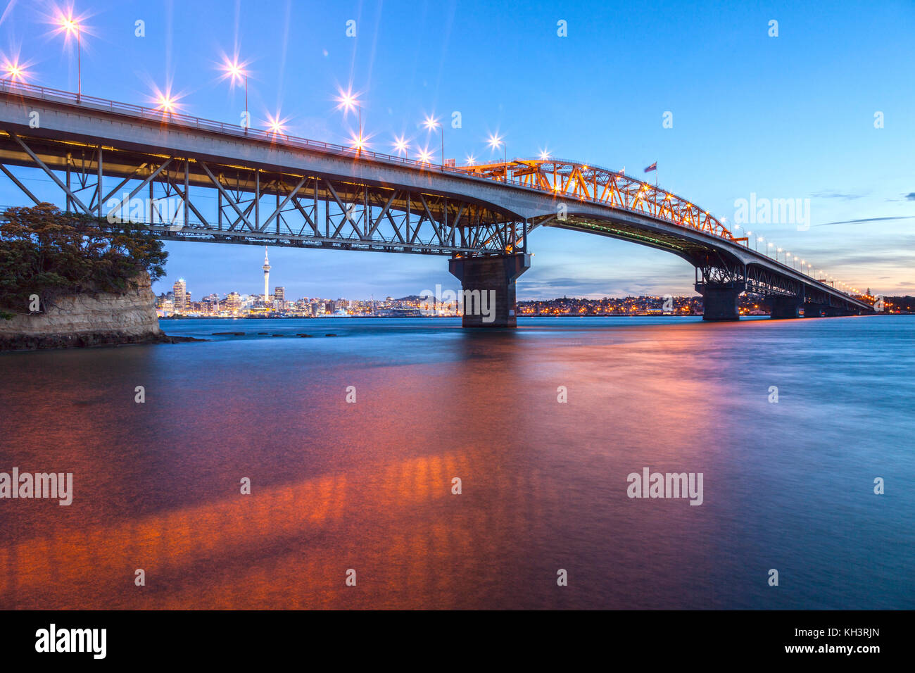 Auckland Harbour Bridge at twilight from Northcote Point. Stock Photo